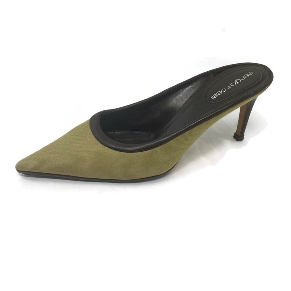 Sergio Rossi khaki canvas and brown leather mule heels shoes size 37.5 Italy 7.5